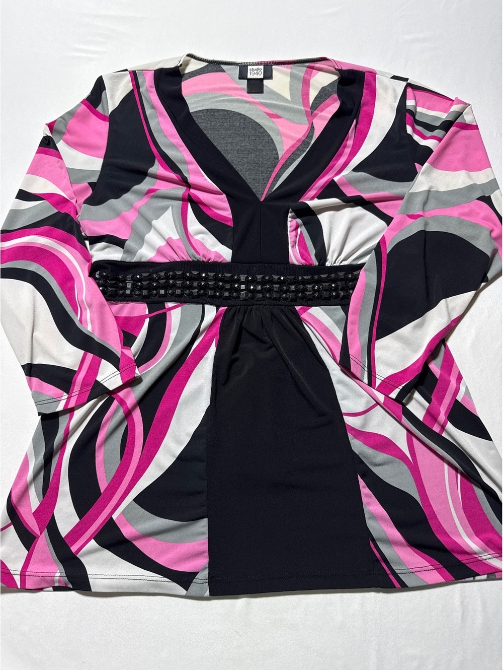 Studio 1940 Retro Swirl Print V-Neck Tunic with Studded Belt